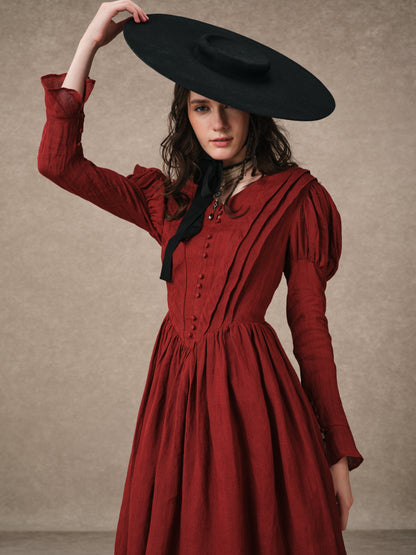 Women's tailored button-front corset maxi dress with long puff sleeves and a full gathered skirt