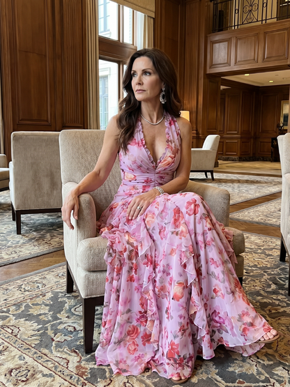 Women's floral halter maxi dress with ruched bodice and layered ruffled skirt