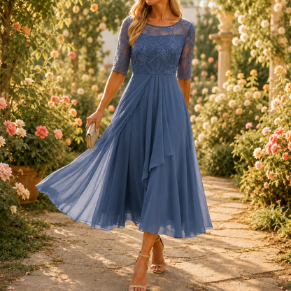 Women's floral lace bodice midi dress with three quarter sleeves and pleated ruffle skirt