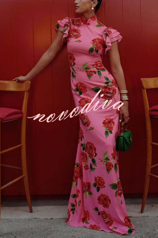 Floral cheongsam-style maxi dress with mandarin collar and layered flare sleeves