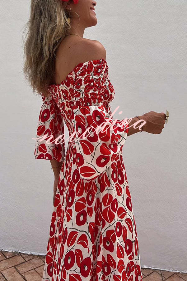 Women's red floral off-shoulder smocked maxi dress with flared sleeves