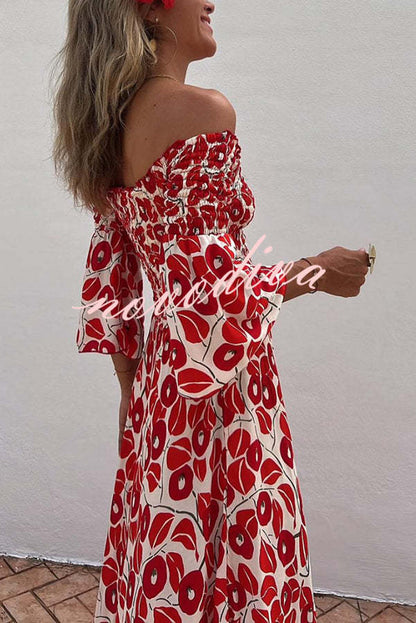 Women's red floral off-shoulder smocked maxi dress with flared sleeves