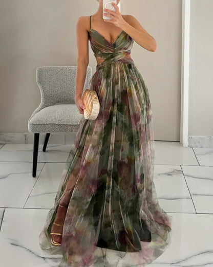 Women's multicoloured floral wrap maxi dress with V-neckline and spaghetti straps