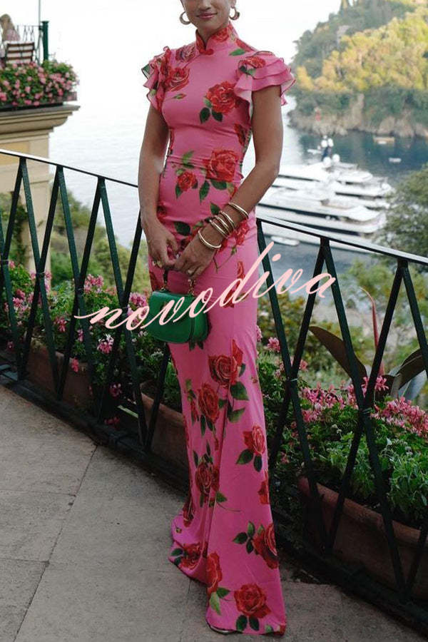 Floral cheongsam-style maxi dress with mandarin collar and layered flare sleeves