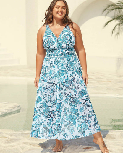 Women's floral V-neck swimsuit with flowing full-length mesh sarong
