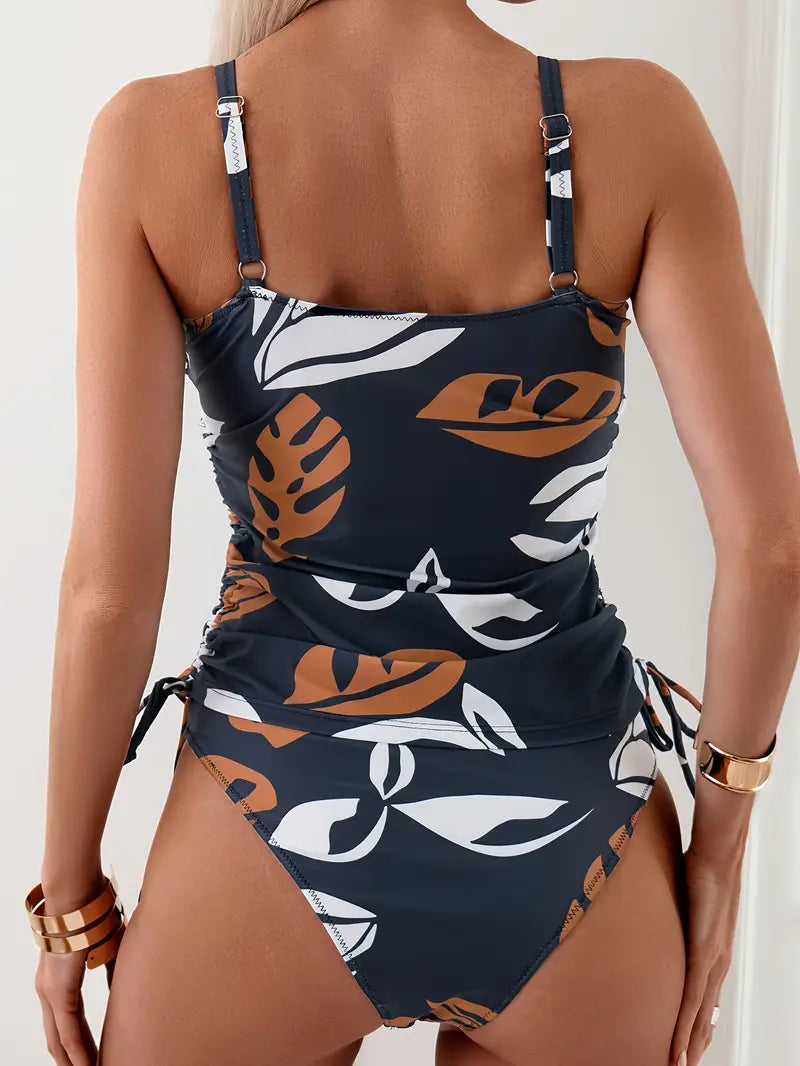 Women's leaf print bikini set with ruched top and tie-side brief bottoms