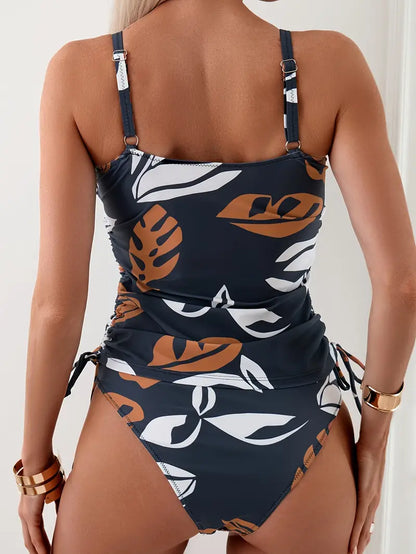 Women's leaf print bikini set with ruched top and tie-side brief bottoms