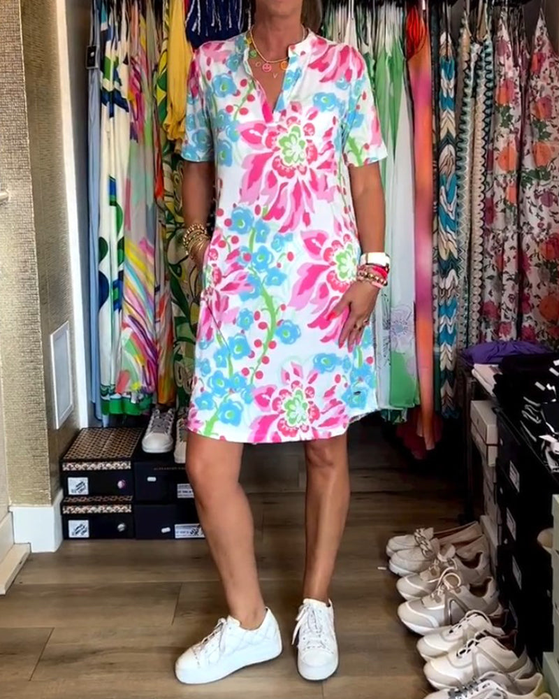 Women's multicoloured floral V-neck mini dress with short sleeves