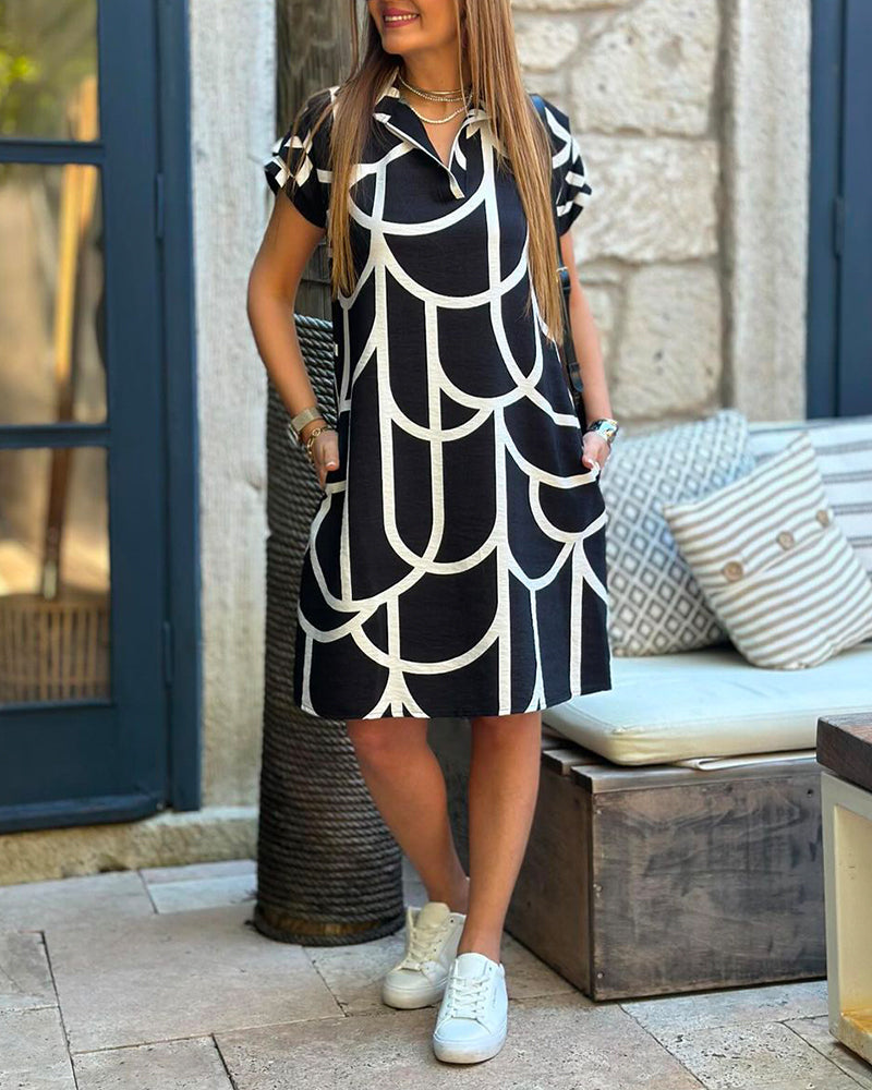 Women's geometric shift dress with collar and short sleeves