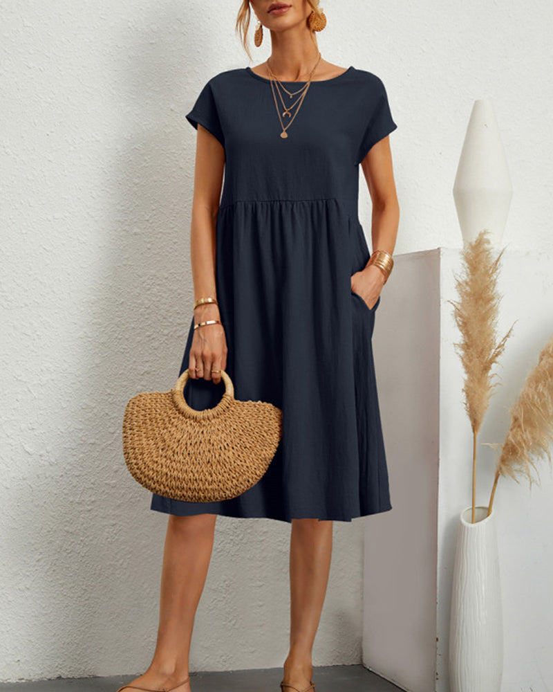 Women's round neck midi dress with short sleeves and gathered skirt