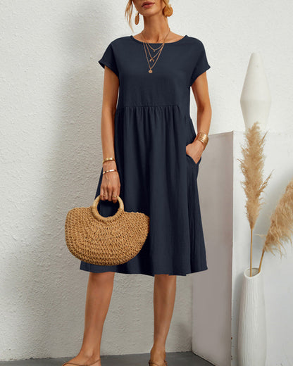 Women's round neck midi dress with short sleeves and gathered skirt