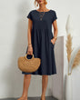 Women's round neck midi dress with short sleeves and gathered skirt