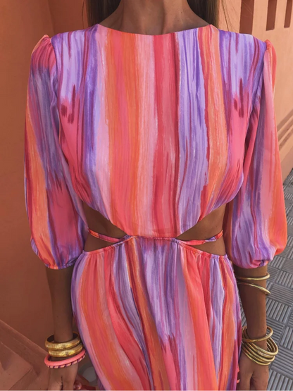 Women's red, pink and purple striped maxi dress with side waist cut-outs and short sleeves