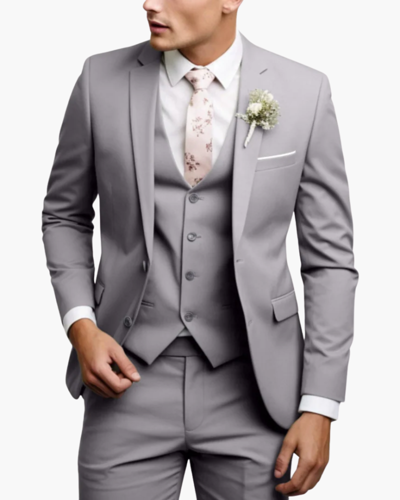 Men's slim fit three-piece suit with notched lapel jacket, button waistcoat and matching trousers