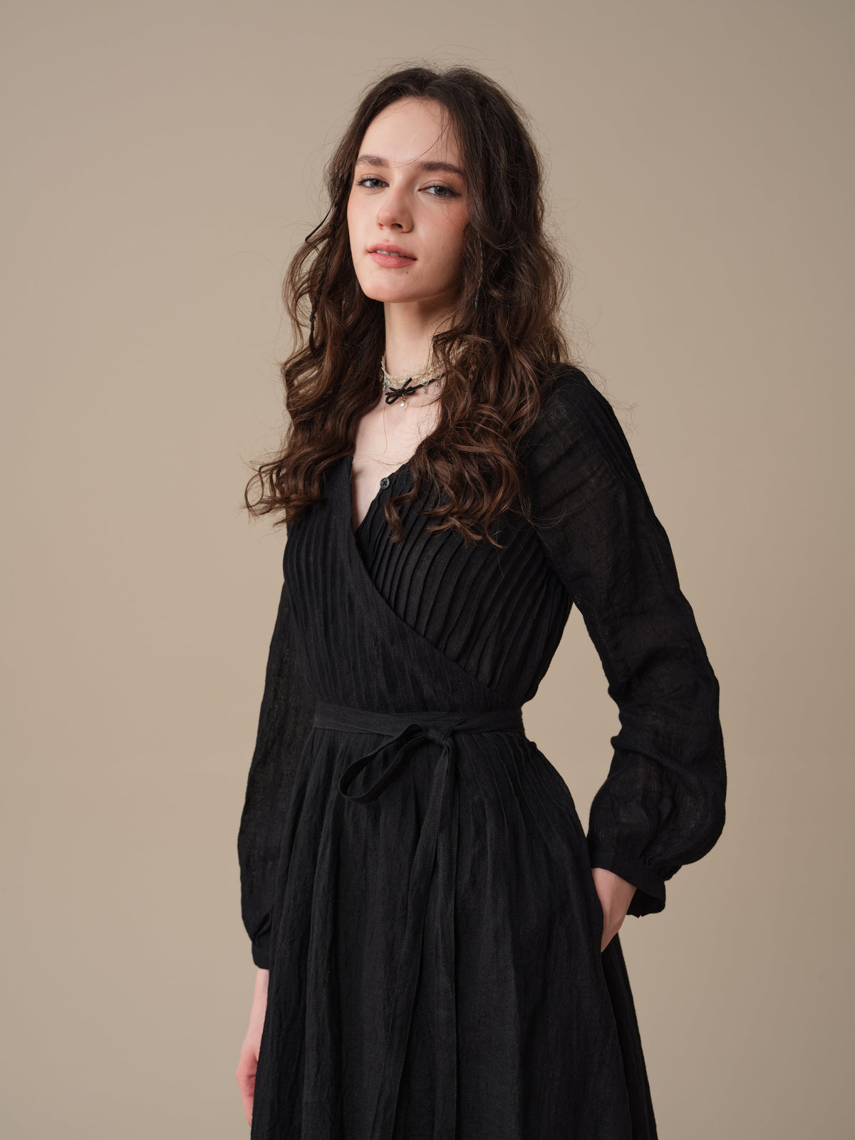 Women's pintuck wrap midi dress with long sleeves and tie waist
