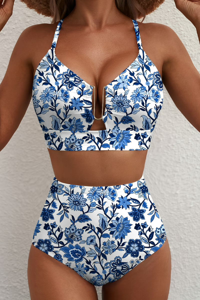 Women's patterned two-piece bikini with V-neck top, metallic centre trim and high-waisted bottoms