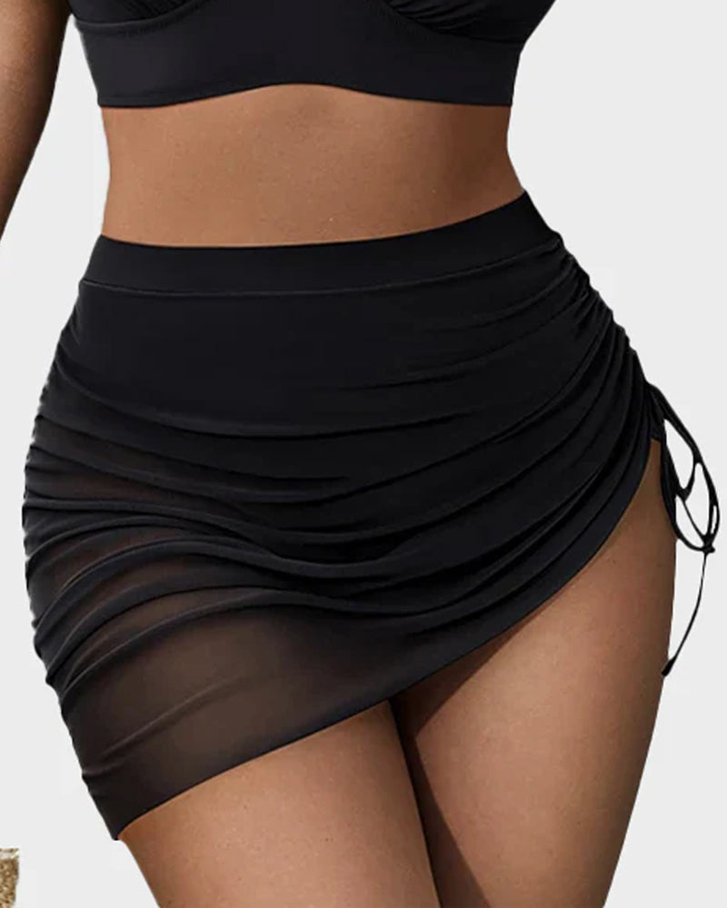 Women's mesh high-waisted bikini set with V-neck top and sheer mesh panels