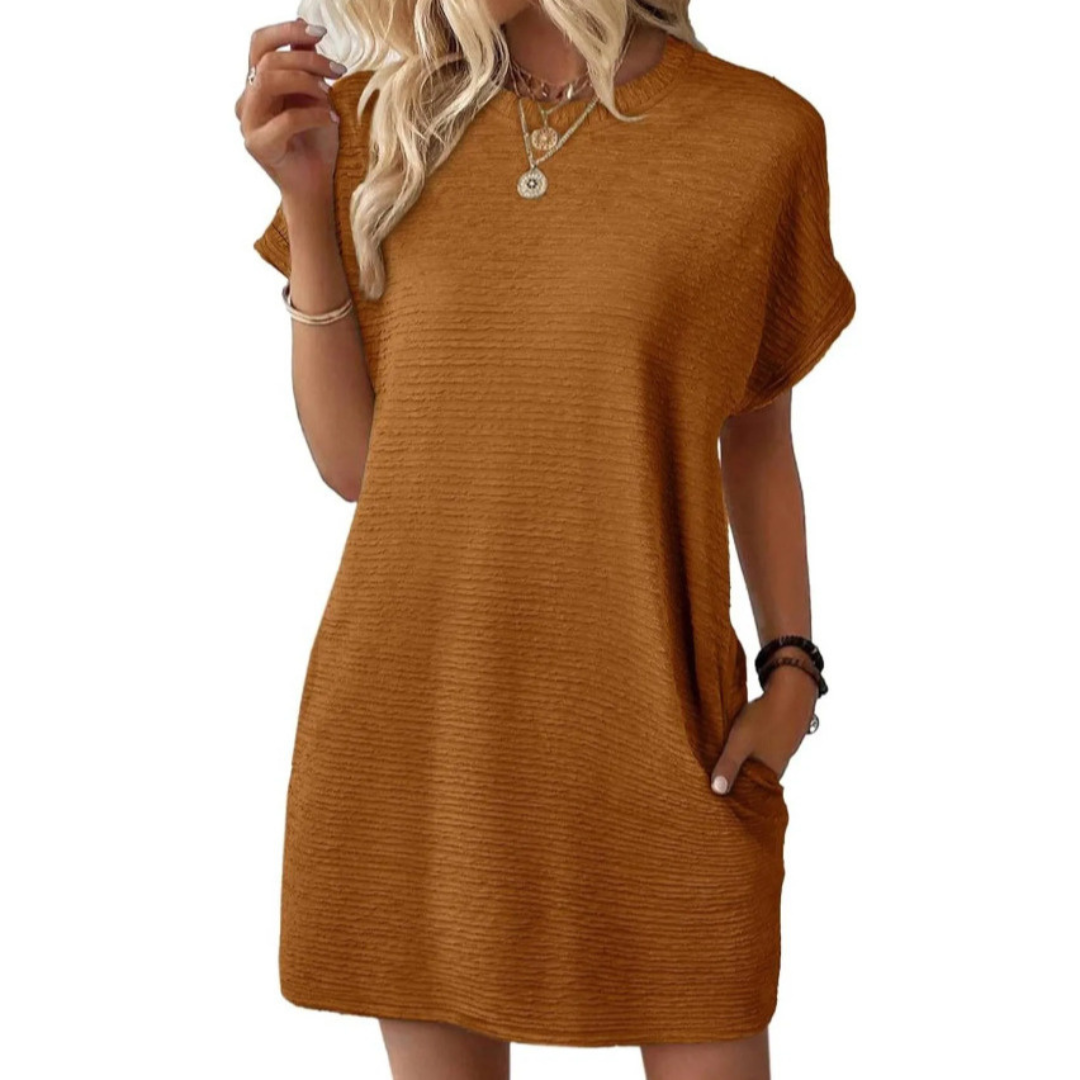 Women's textured crew-neck mini dress with short sleeves and side pockets