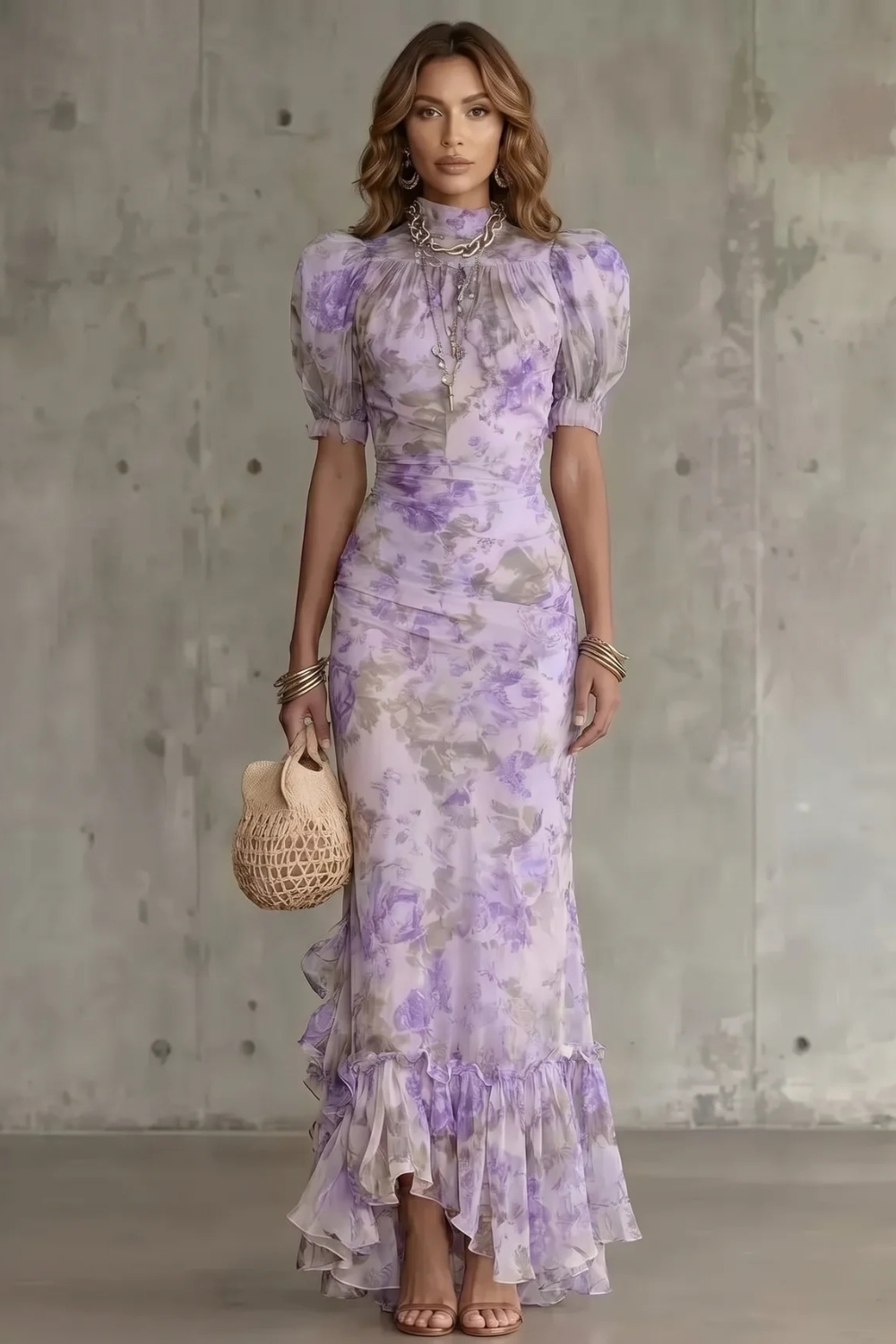 Women's floral maxi dress with short puff sleeves and layered ruffled hem