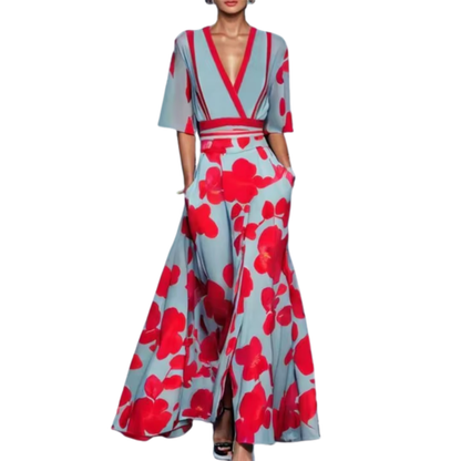 Women's floral wrap jumpsuit with V-neckline, 3/4 sleeves and wide legs