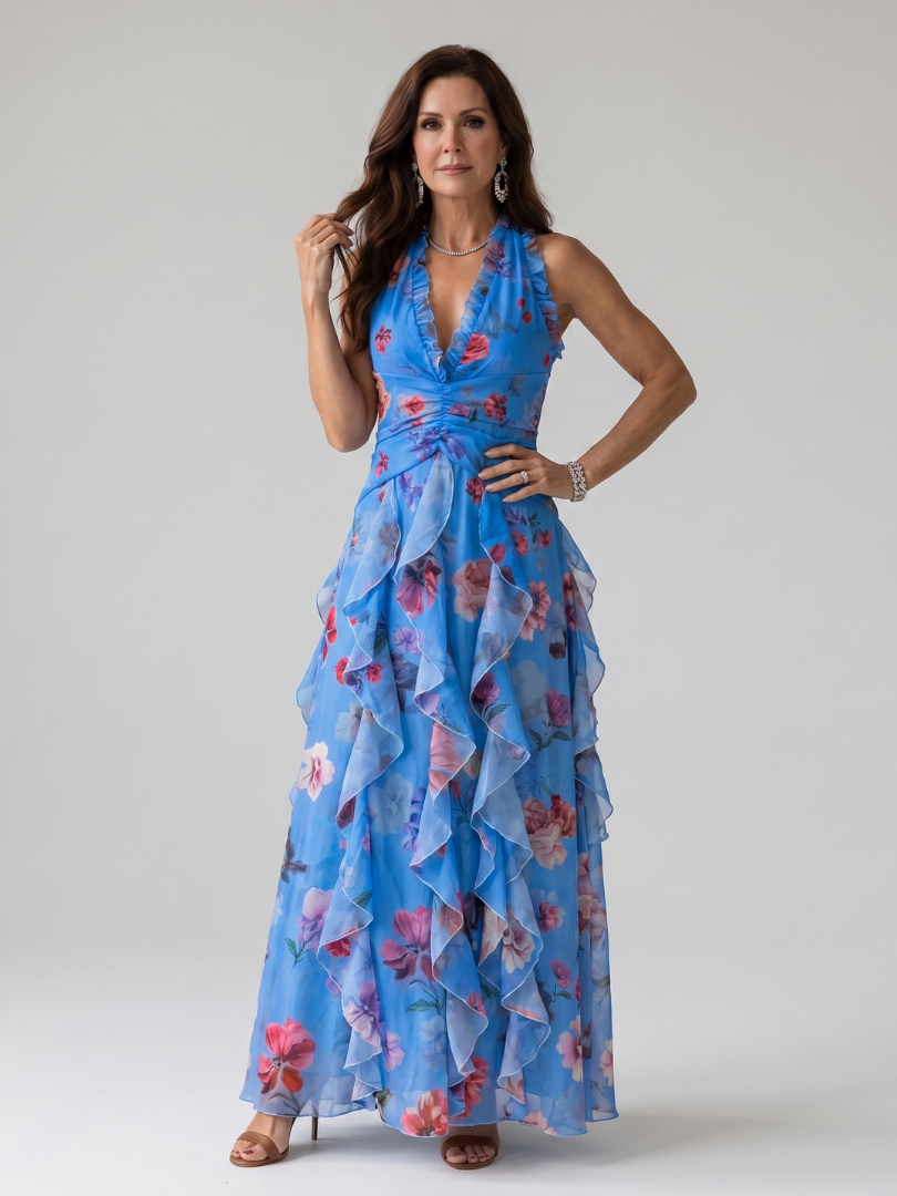 Women's floral halter maxi dress with ruched bodice and layered ruffled skirt