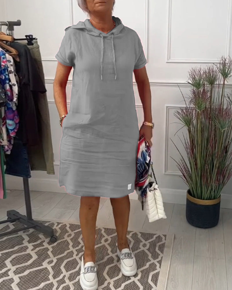 Women's short-sleeved hooded casual dress with front pouch pocket