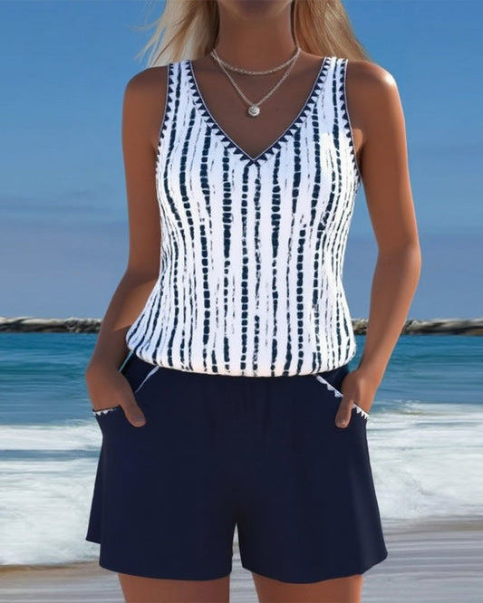 Women's striped V-neck two-piece swimsuit with sleeveless top and shorts
