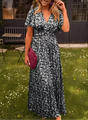 Vestido largo de flores de mujer con escote de pico, manga corta y cintura marcada