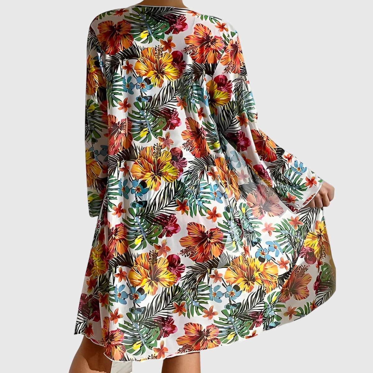 Women's floral bikini set with tie-front top, high-waisted briefs and long-sleeve cover-up