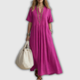 Vestido largo de mujer con escote en V, manga corta y pinzas