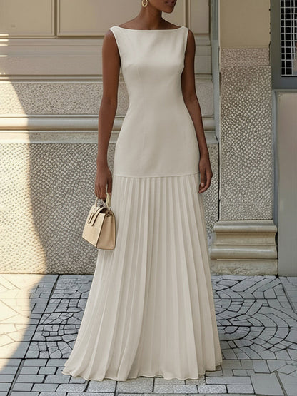 Women's sleeveless boat neck maxi dress with fitted bodice and pleated skirt