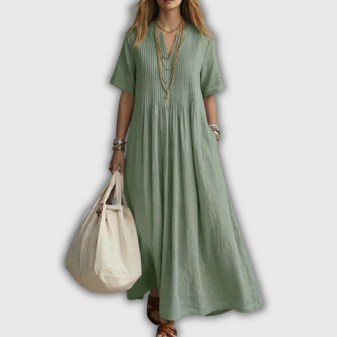 Vestido largo de mujer con escote en V, manga corta y pinzas