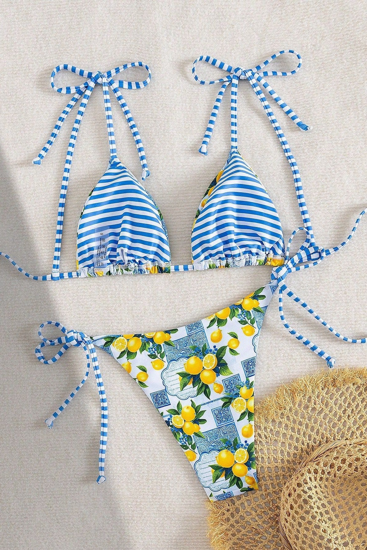 Women's blue lemon print triangle bikini set with tie-side bottoms