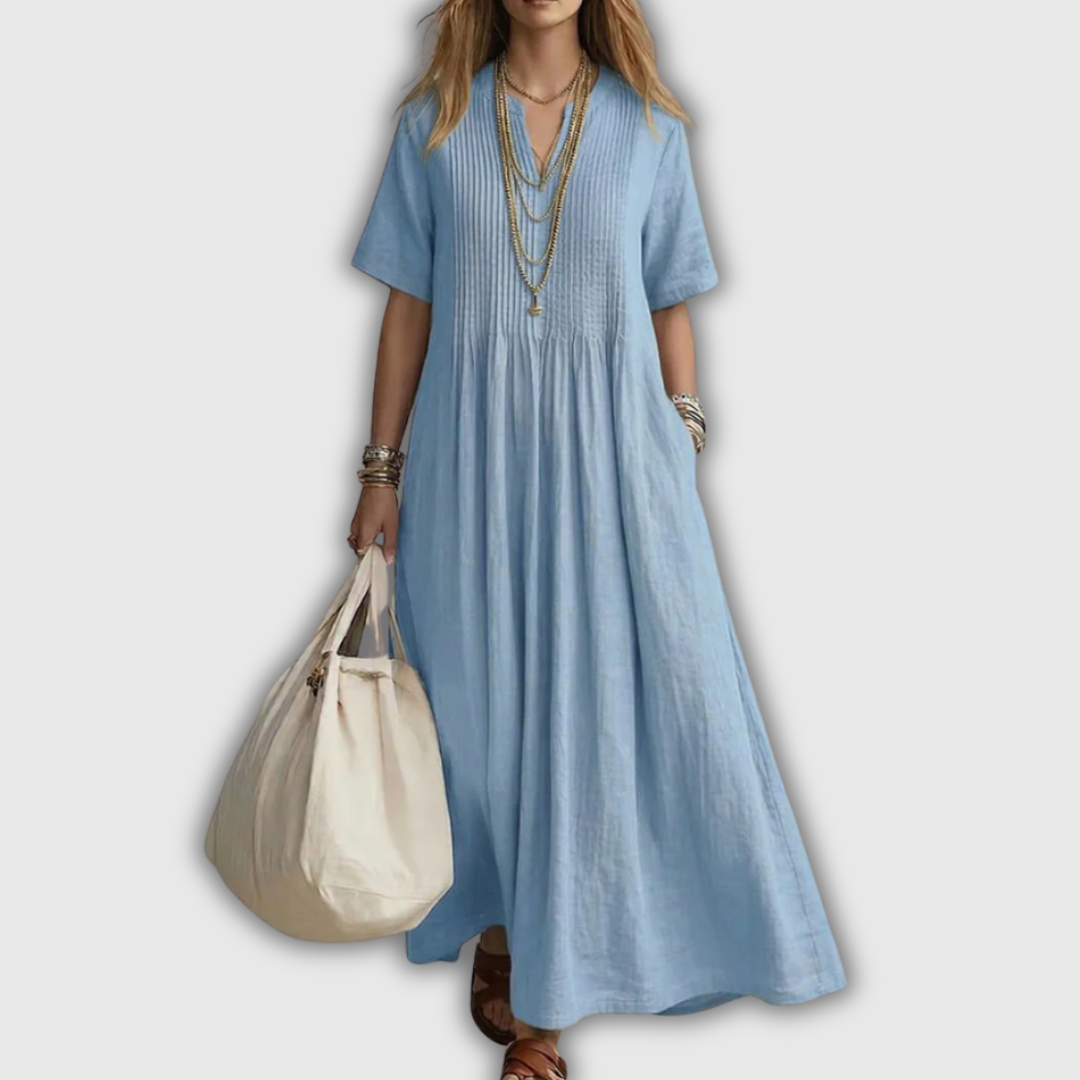 Vestido largo de mujer con escote en V, manga corta y pinzas