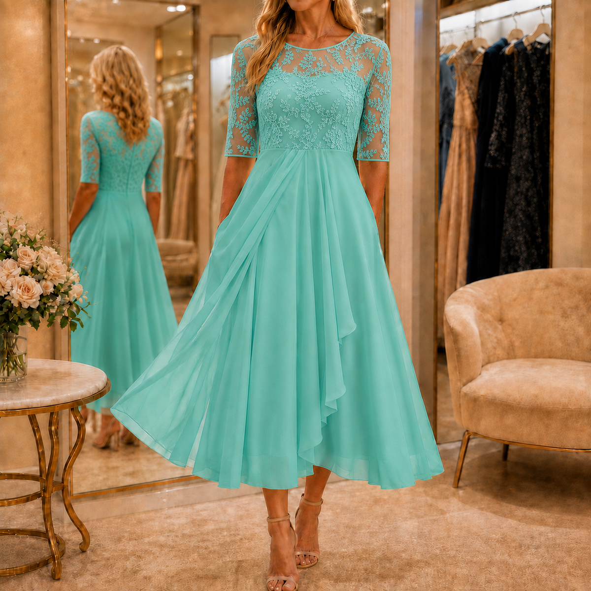 Women's floral lace bodice midi dress with three quarter sleeves and pleated ruffle skirt