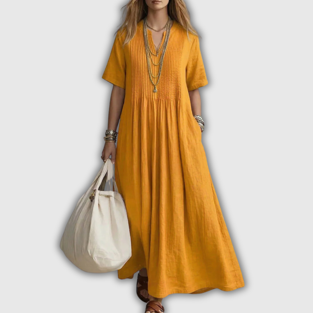 Vestido largo de mujer con escote en V, manga corta y pinzas