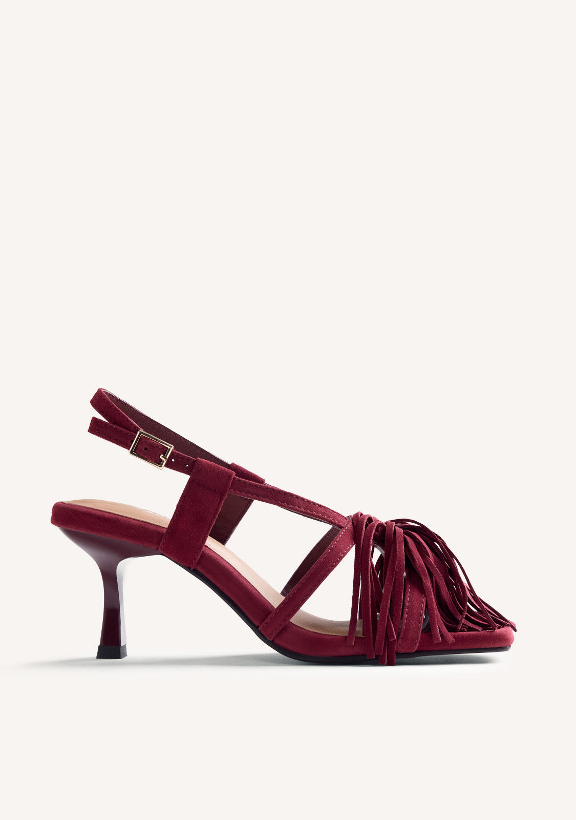 Women's burgundy high-heeled sandals with long fringe front and buckle ankle straps