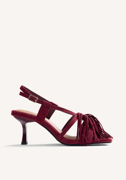 Women's burgundy high-heeled sandals with long fringe front and buckle ankle straps