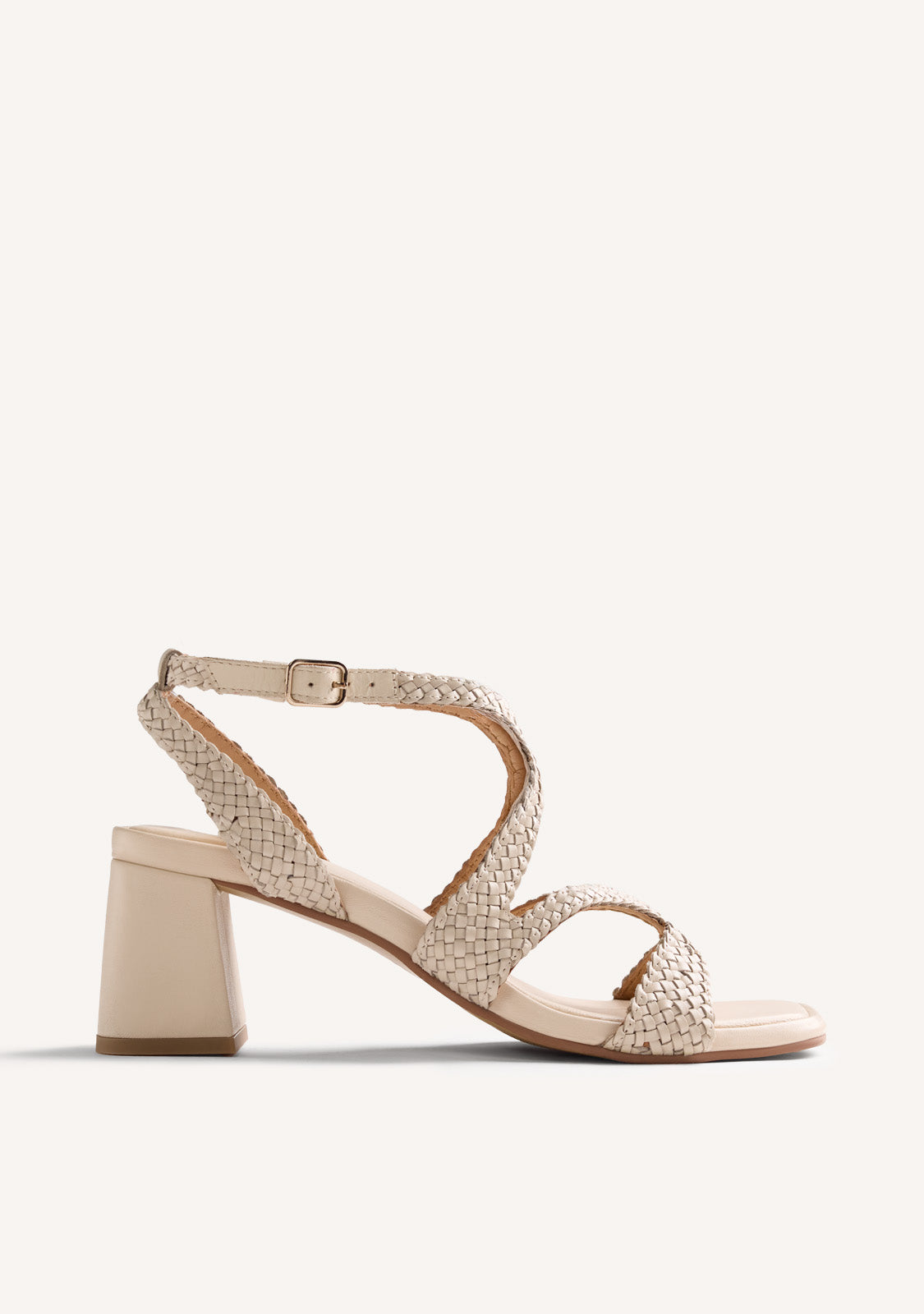 Cream woven heeled sandals with ankle buckle and square toe