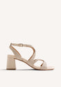 Cream woven heeled sandals with ankle buckle and square toe
