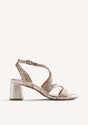 Women's metallic gold woven heeled sandals with ankle buckle straps
