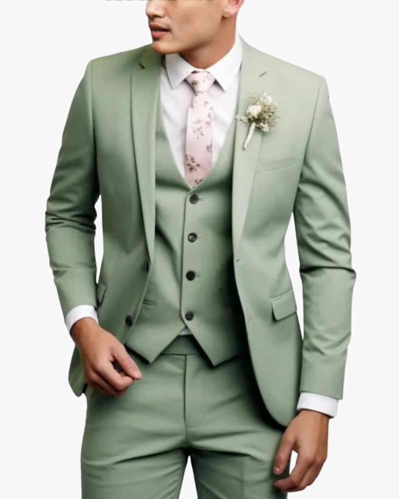 Men's slim fit three-piece suit with notched lapel jacket, button waistcoat and matching trousers