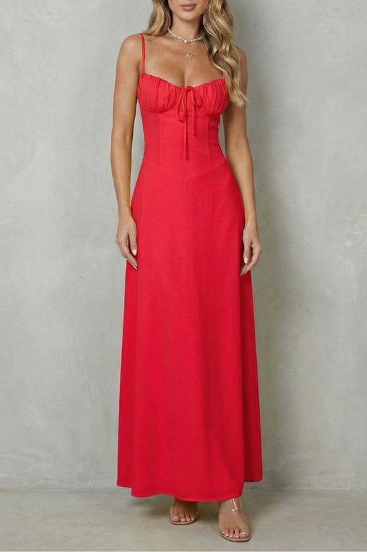 Women's sleeveless corset maxi dress with ruched cups and tie front