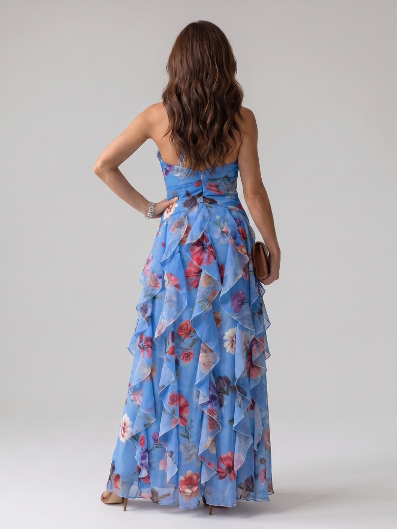 Women's floral halter maxi dress with ruched bodice and layered ruffled skirt