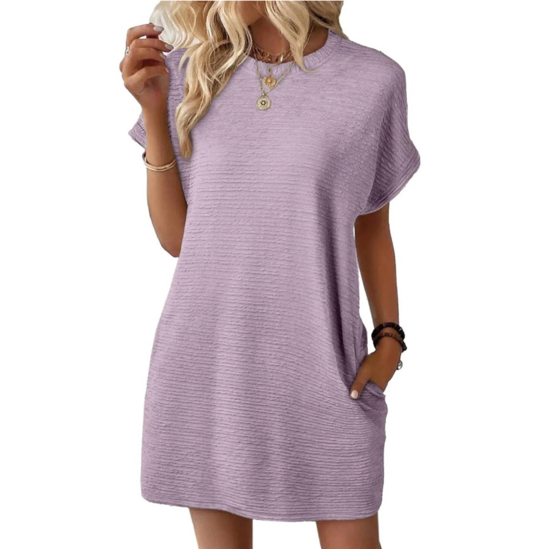 Women's textured crew-neck mini dress with short sleeves and side pockets
