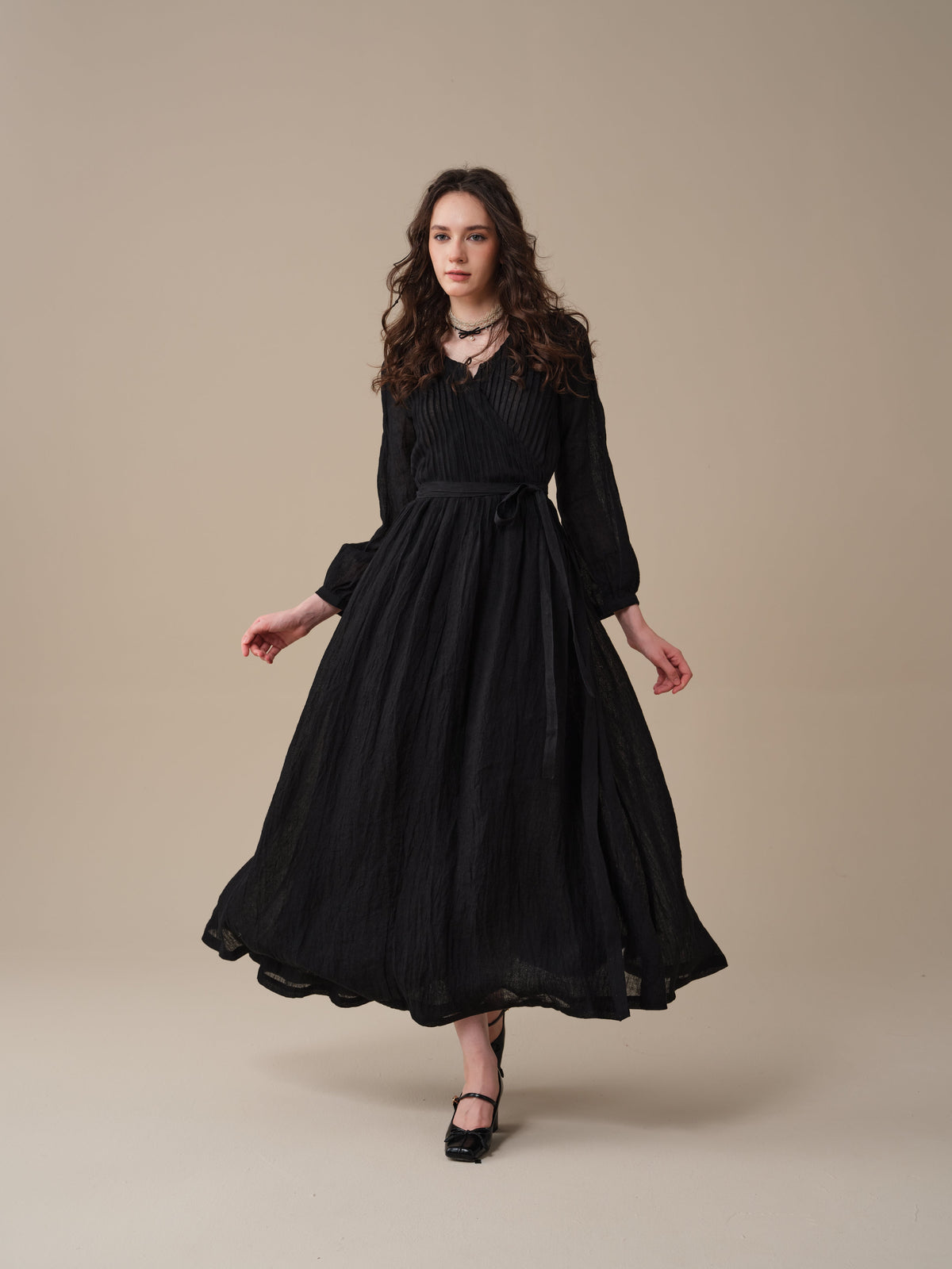 Women's pintuck wrap midi dress with long sleeves and tie waist