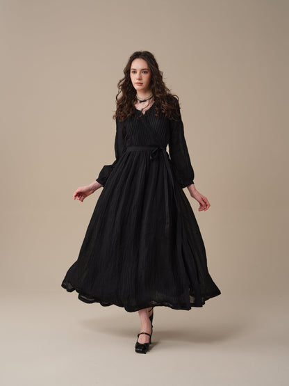 Women's pintuck wrap midi dress with long sleeves and tie waist