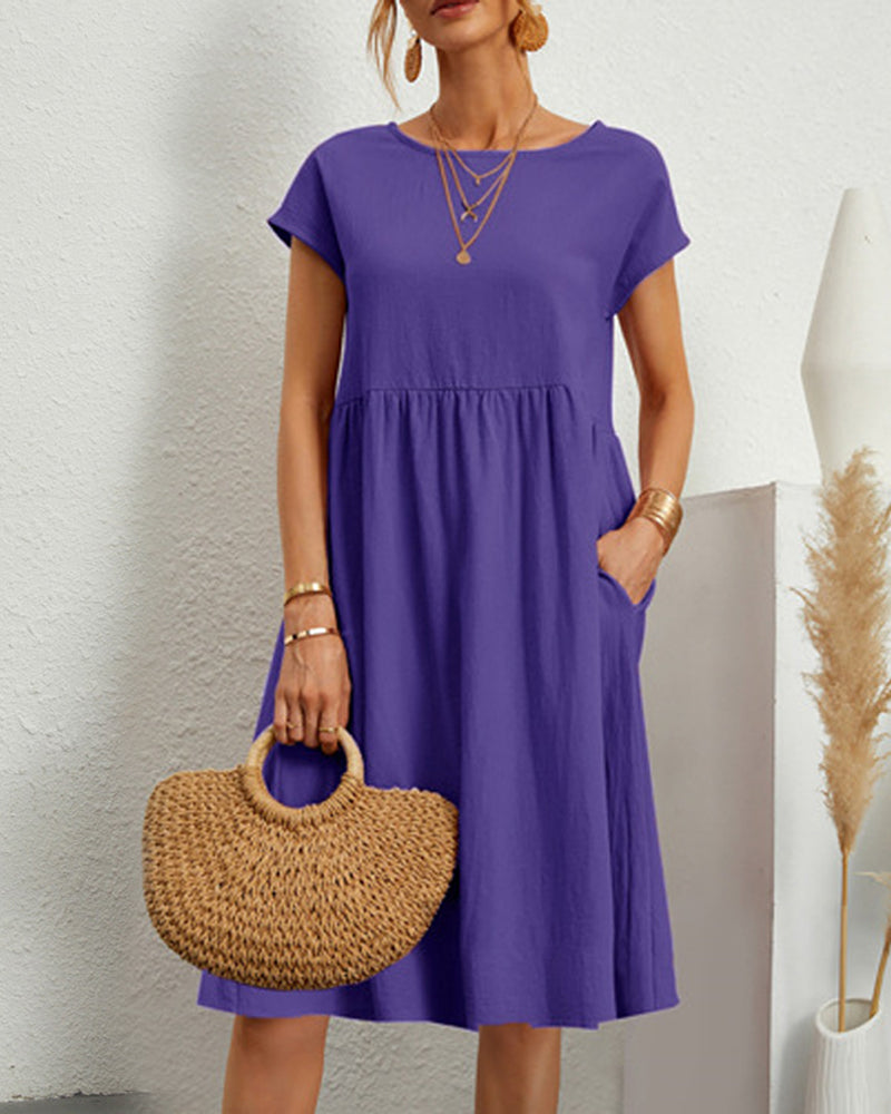 Women's round neck midi dress with short sleeves and gathered skirt