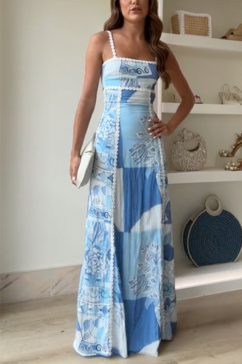 Women's blue patchwork maxi dress with square neckline and spaghetti straps