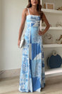 Women's blue patchwork maxi dress with square neckline and spaghetti straps
